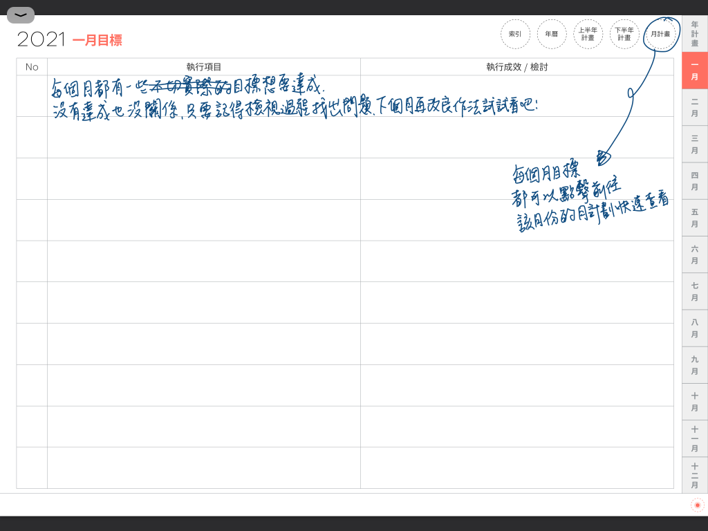 iPad digital planner 2021 - YearVersion-Coral Red 月目標表手寫說明 | me.Learning