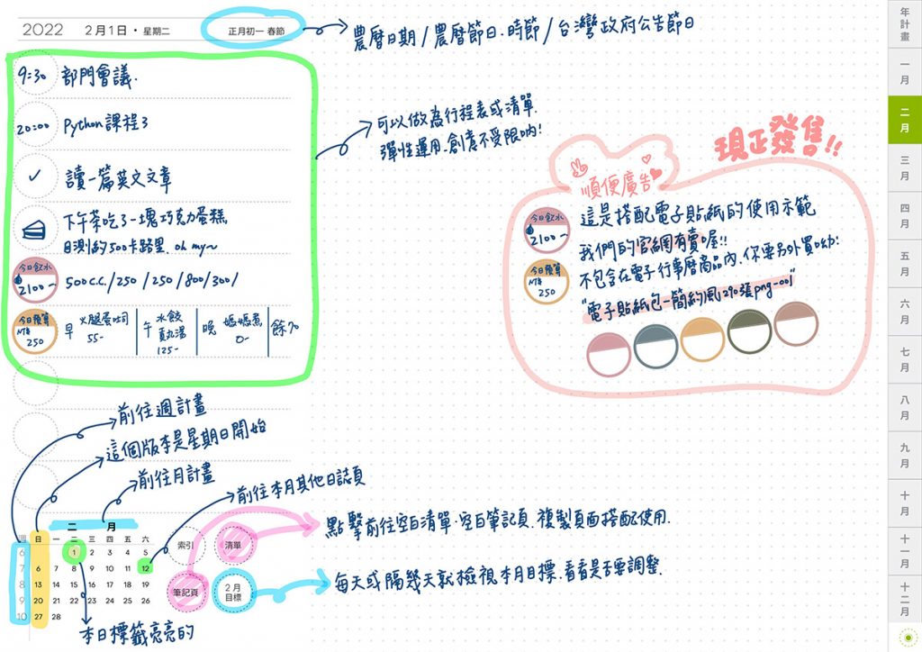 iPad digital planner 2022 - Yearly-AppleGreen 日誌頁手寫說明