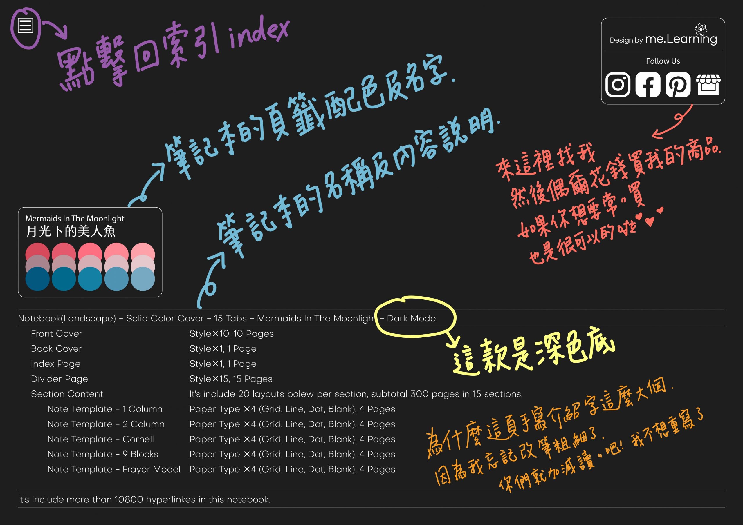 Notebook-Landscape-Solid Color Cover-15 Tabs-Mermaids In The Moonlight-Dark Mode 封底手寫說明 | me.Learning