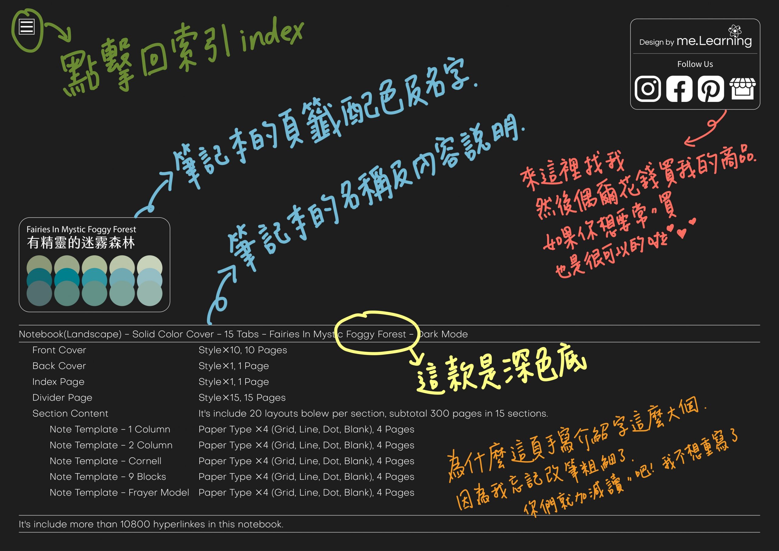 Notebook-Landscape-Solid Color Cover-15 Tabs-Fairies In Mystic Foggy Forest-Dark Mode 封底手寫說明 | me.Learning