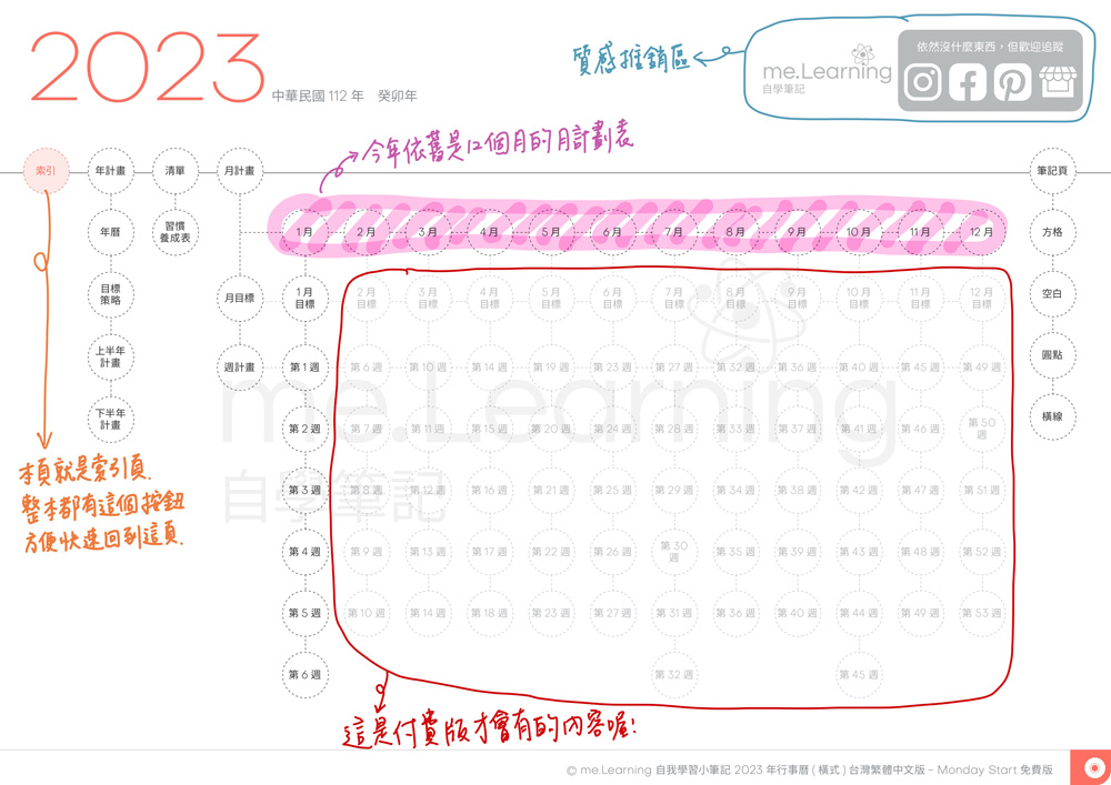 說明 免費版 2023月曆 橫式M 完整版 style01 start Monday 珊瑚紅 綜合 s 04 | 免費下載iPad電子手帳digital planner-2023年 design by me.Learning | me.Learning | 2023 | digital paper | digital planner