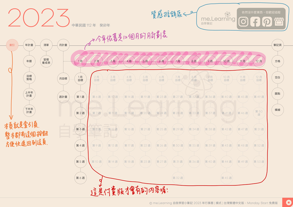 說明 免費版 2023月曆 橫式M 完整版 style01 start Monday 珊瑚紅 綜合 s 39 | 免費下載iPad電子手帳digital planner-2023年 design by me.Learning | me.Learning | 2023 | digital paper | digital planner