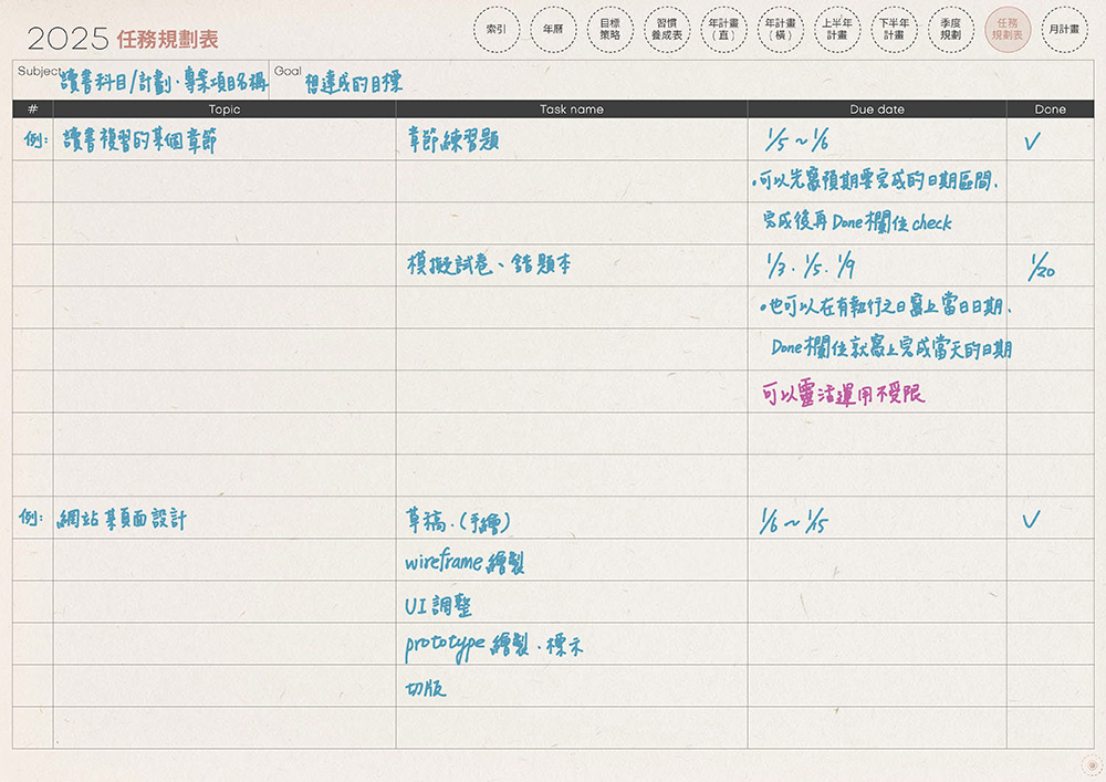 digital planner-timetable-2025-paper-texture-任務規劃表-手寫說明 | me.Learning