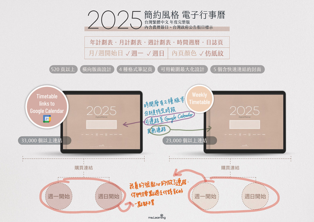 電子行事曆 digital planner 2025-免費版-內建廣告購買連結-手寫說明 | me.Learning