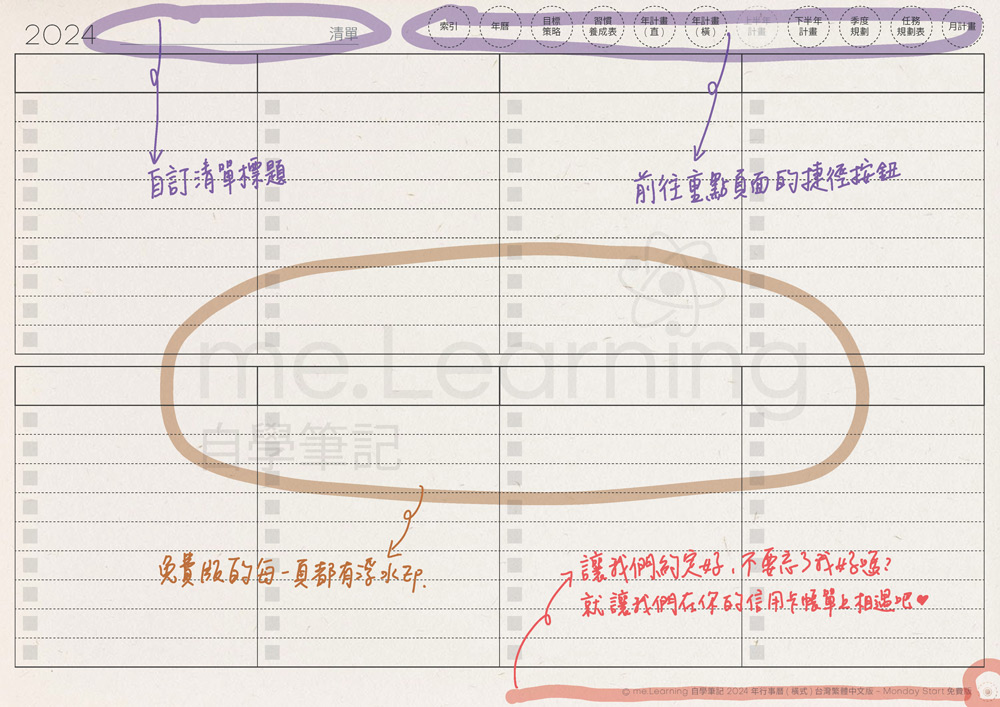 電子行事曆 digital planner 2025-免費版-空白清單-手寫說明 | me.Learning