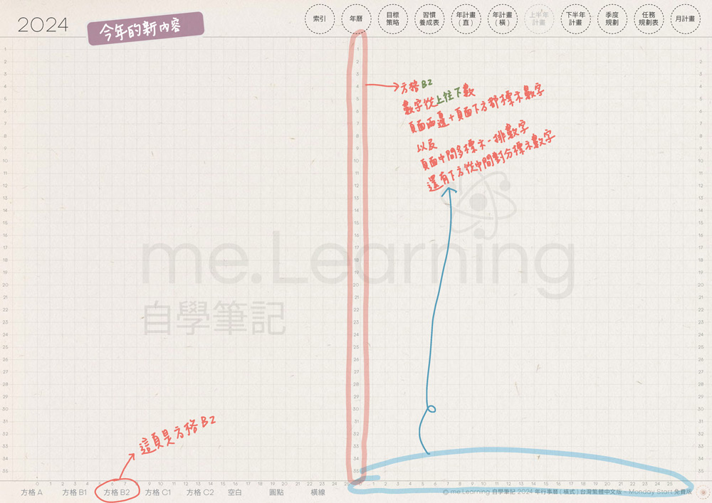 電子行事曆 digital planner 2025-免費版-筆記頁-方格B2-手寫說明 | me.Learning