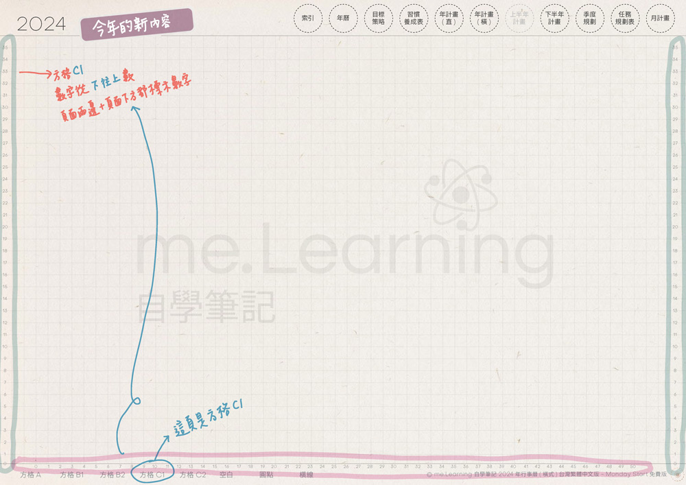 電子行事曆 digital planner 2025-免費版-筆記頁-方格C1-手寫說明 | me.Learning