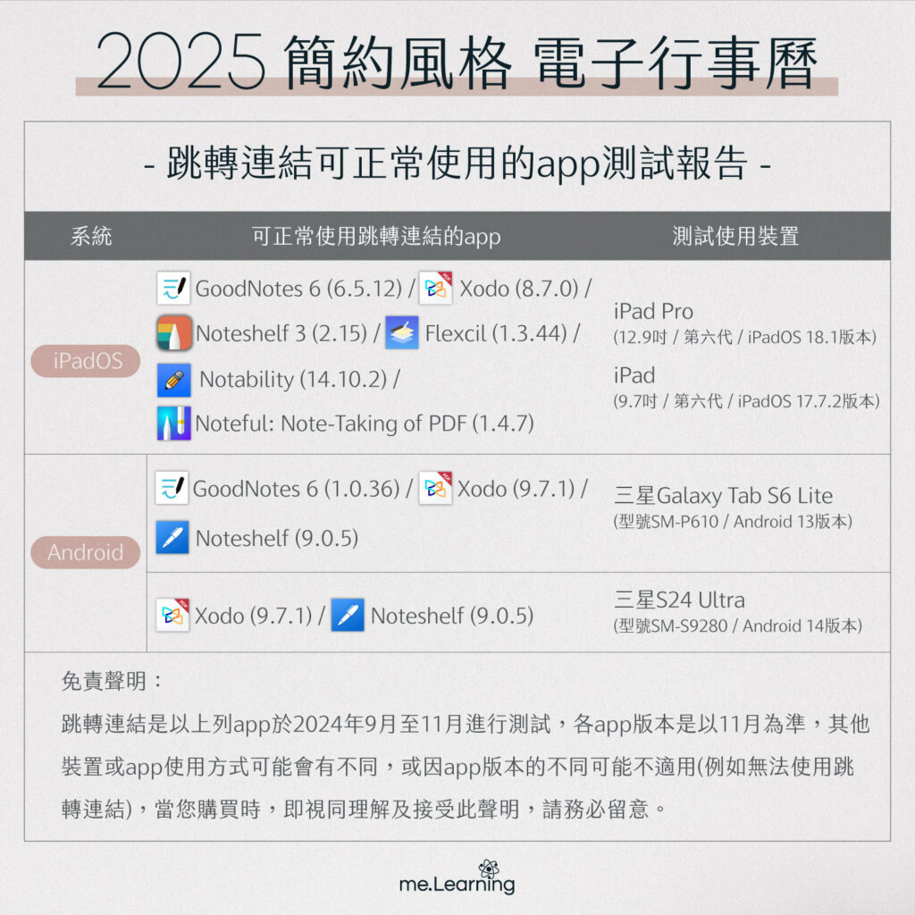 電子行事曆 digital planner 2025-跳轉連結可正常使用的APP測試報告 | me.Learning