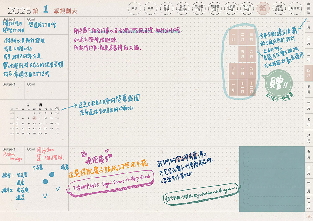 電子行事曆 digital planner 2025-季度規劃表-手寫說明 | me.Learning