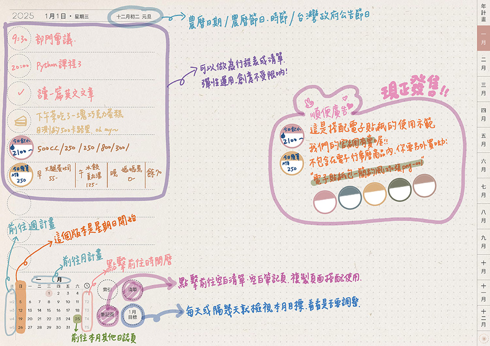 digital planner-timetable-2025-paper-texture-日誌頁面手寫說明 | me.Learning